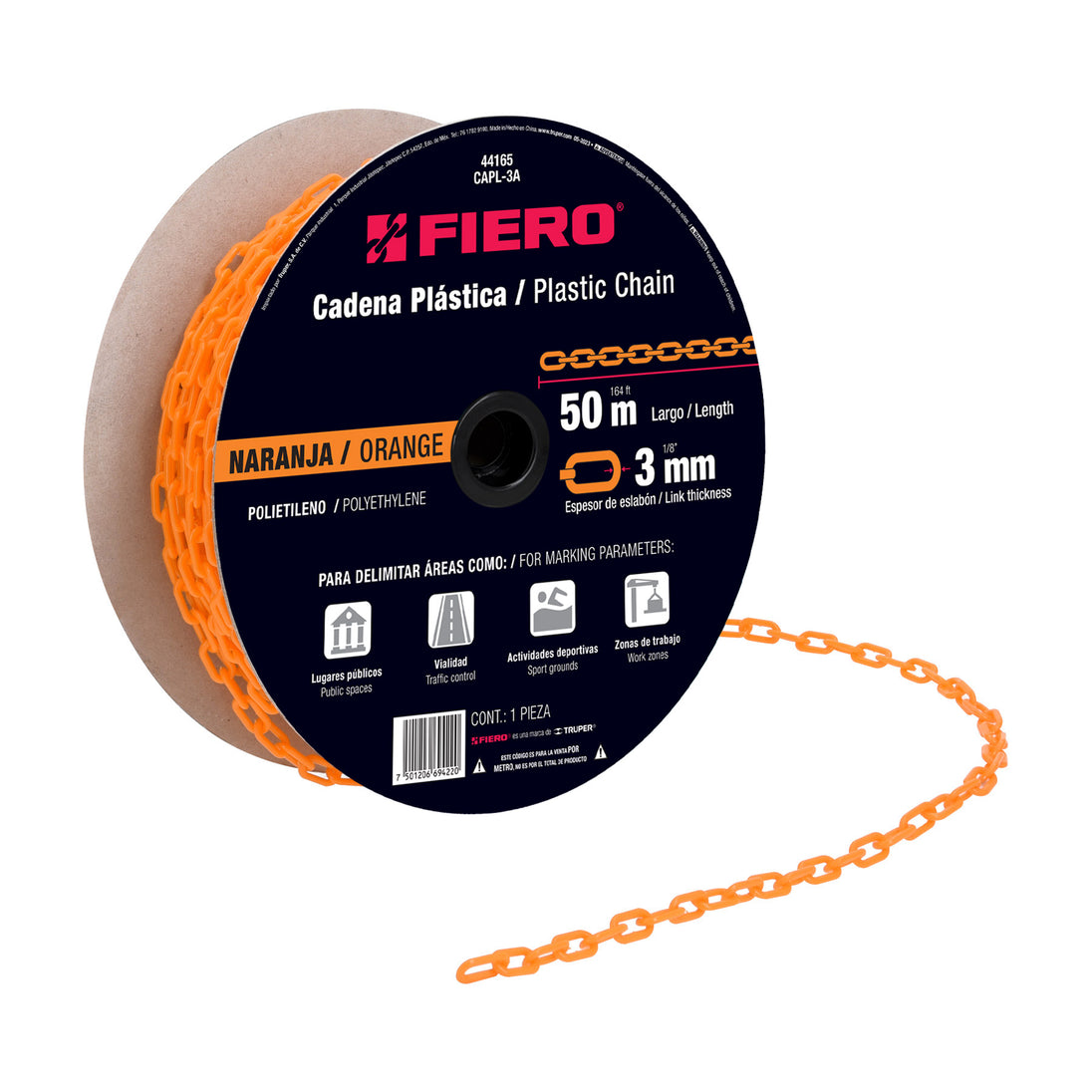 CAPL-3A Metro de cadena de 3 mm de plástico naranja, carrete de 50 m