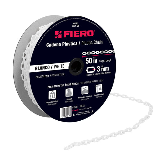 CAPL-3B Metro de cadena de 3 mm de plástico blanca, carrete de 50 m