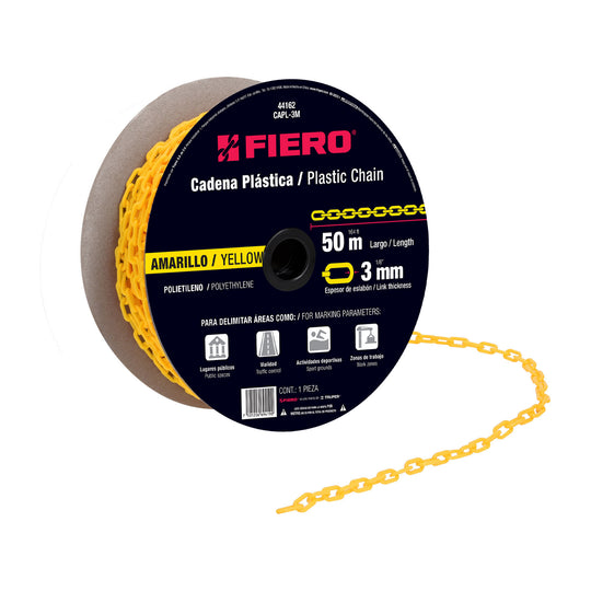 CAPL-3M Metro de cadena de 3 mm de plástico amarilla, carrete de 50m