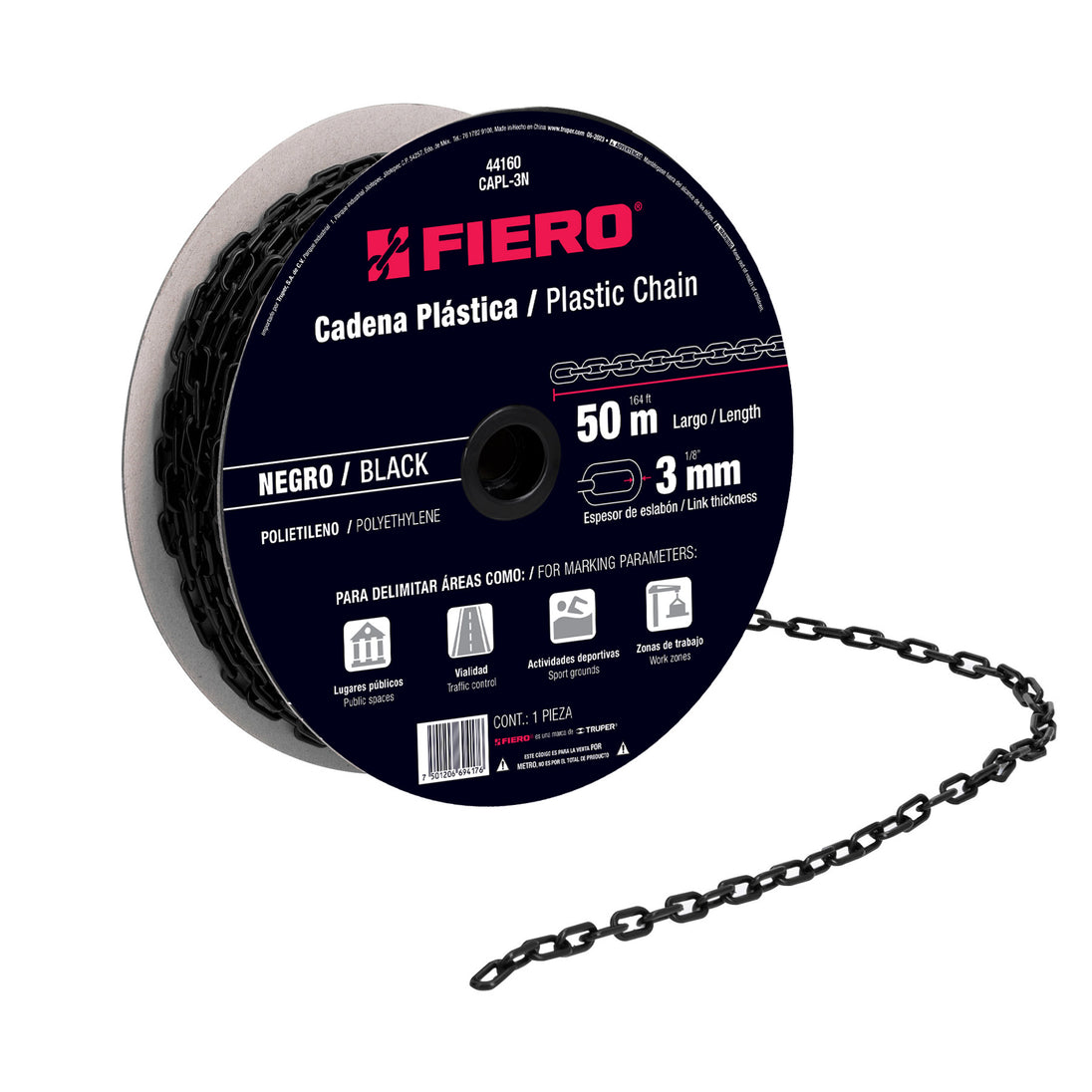 CAPL-3N Metro de cadena de 3 mm de plástico negra, carrete de 50 m