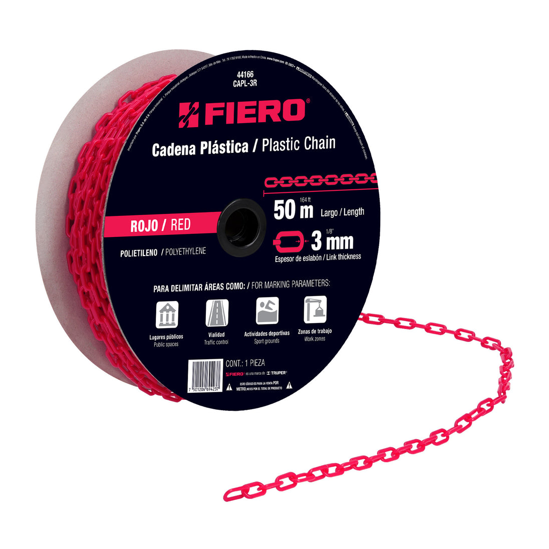 CAPL-3R Metro de cadena de 3 mm de plástico roja, carrete de 50 m