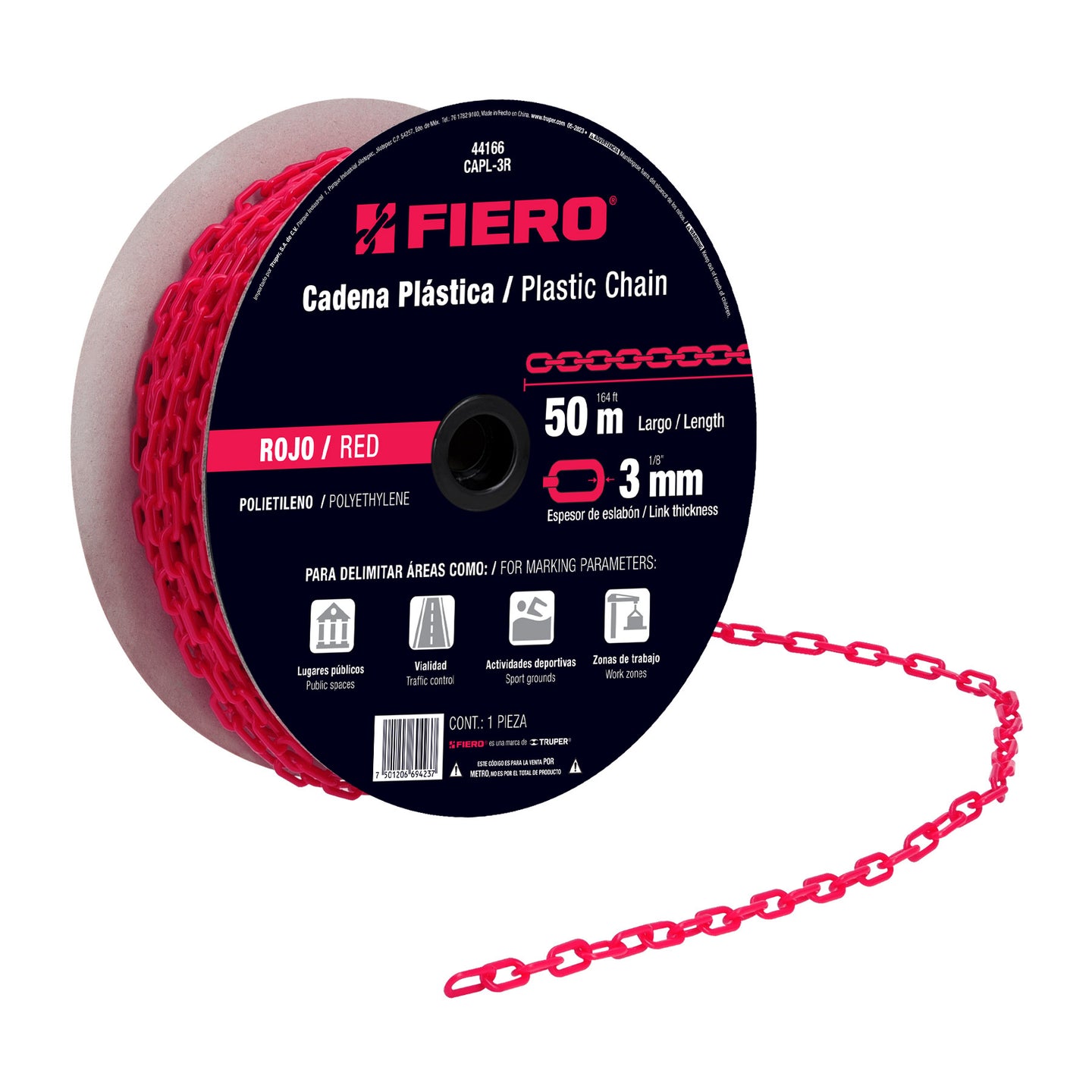 CAPL-3R Metro de cadena de 3 mm de plástico roja, carrete de 50 m