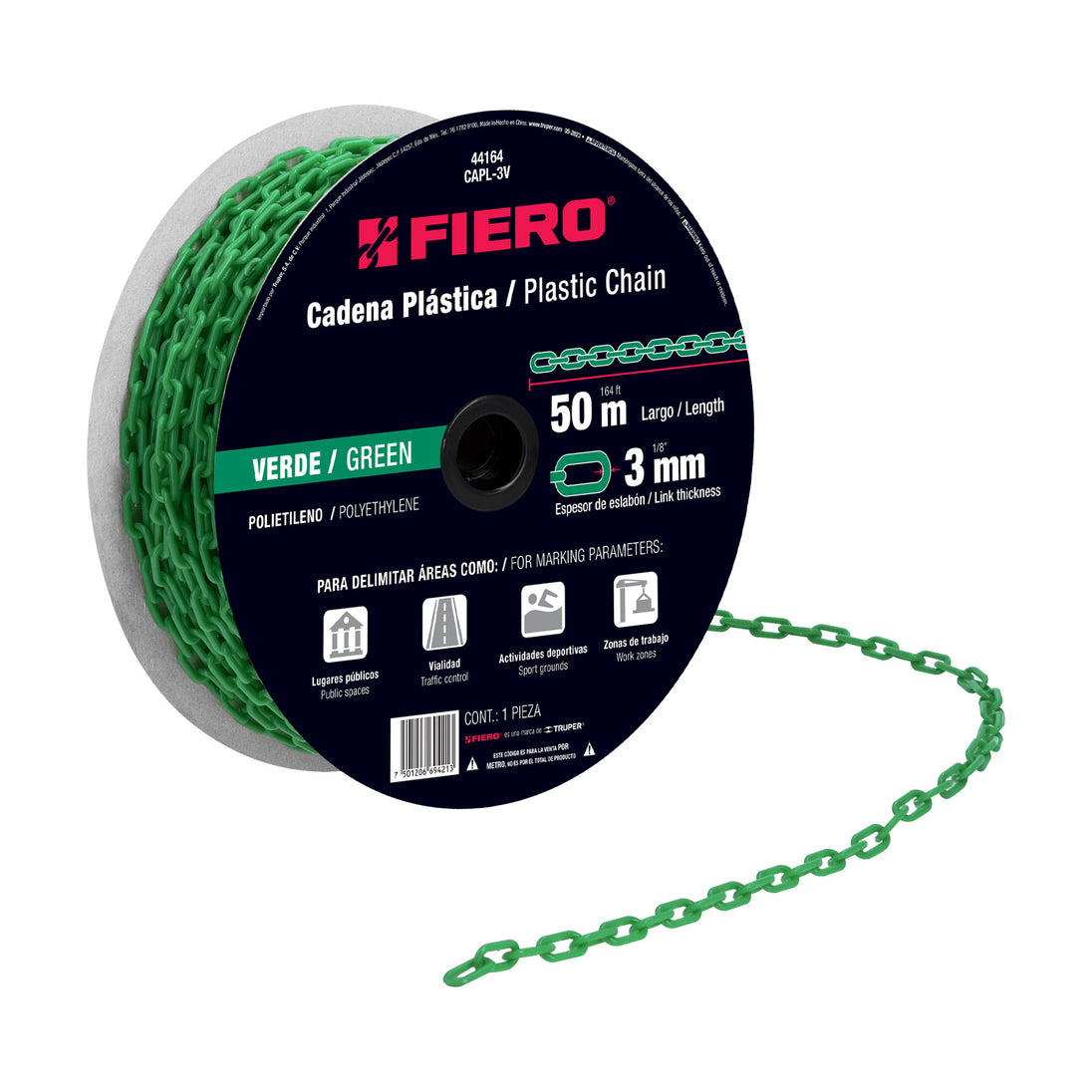 CAPL-3V Metro de cadena de 3 mm de plástico verde, carrete de 50 m