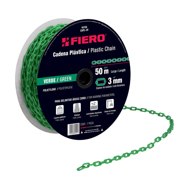 CAPL-3V Metro de cadena de 3 mm de plástico verde, carrete de 50 m