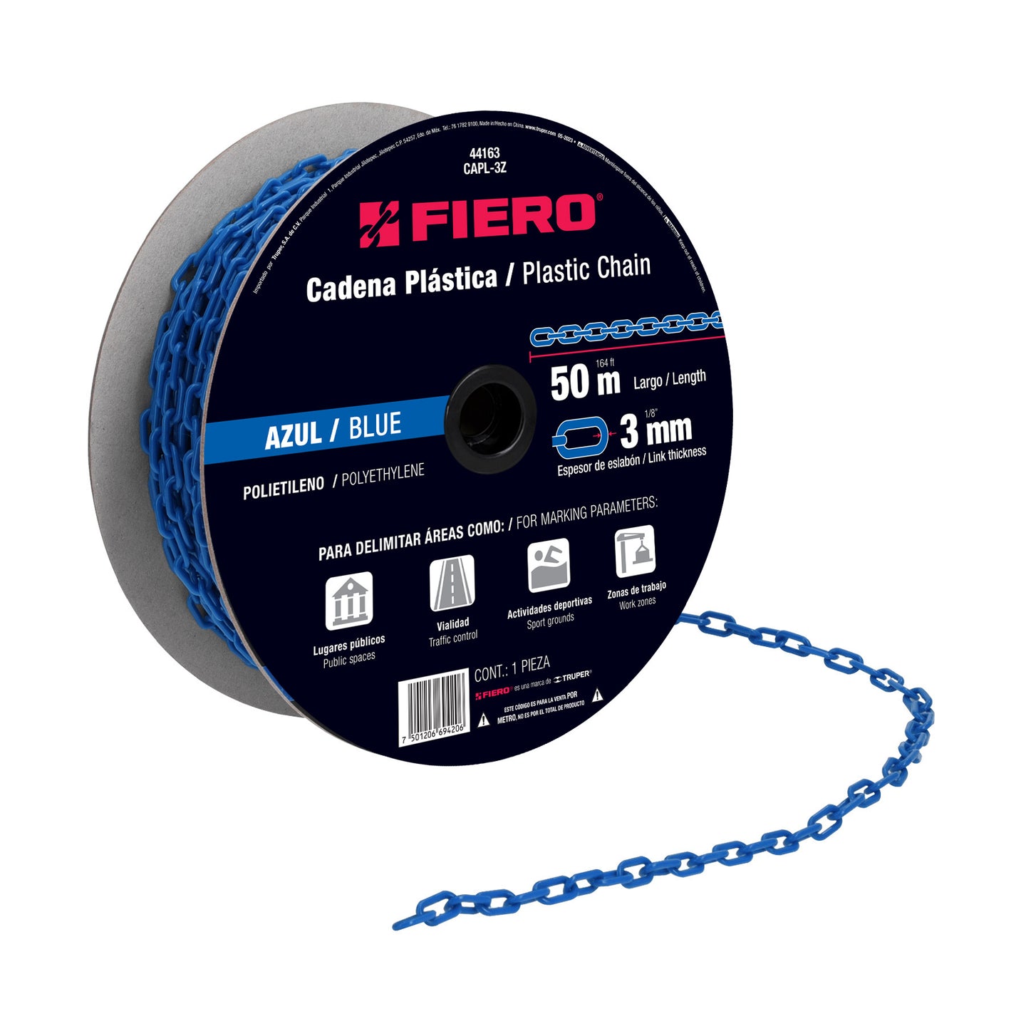 CAPL-3Z Metro de cadena de 3 mm de plástico azul, carrete de 50 m