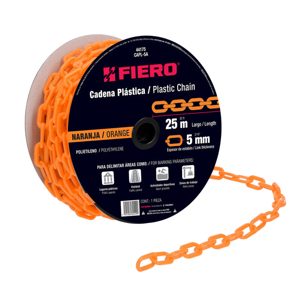 CAPL-5A Metro de cadena de 5 mm de plástico naranja, carrete de 25 m