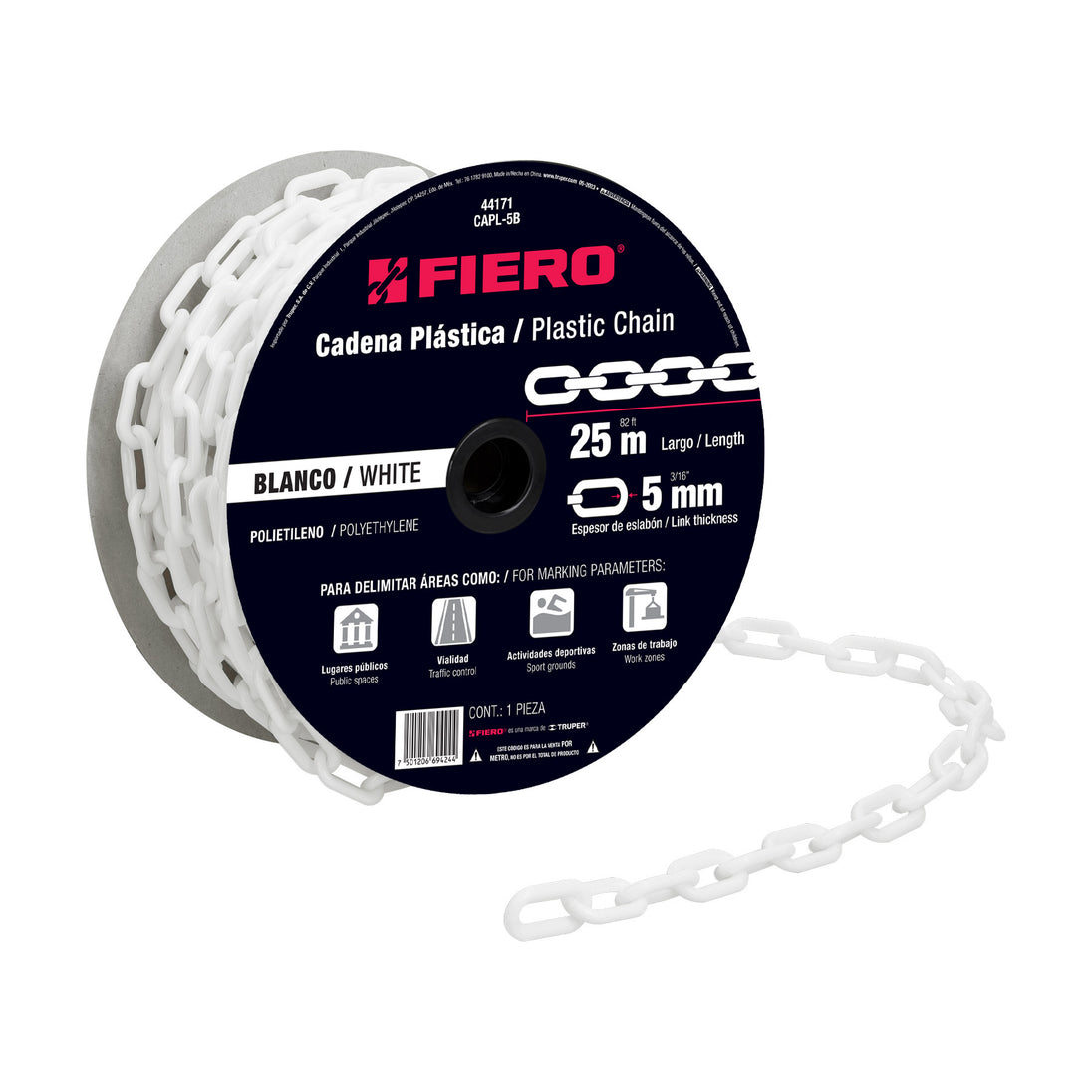 CAPL-5B Metro de cadena de 5 mm de plástico blanca, carrete de 25 m