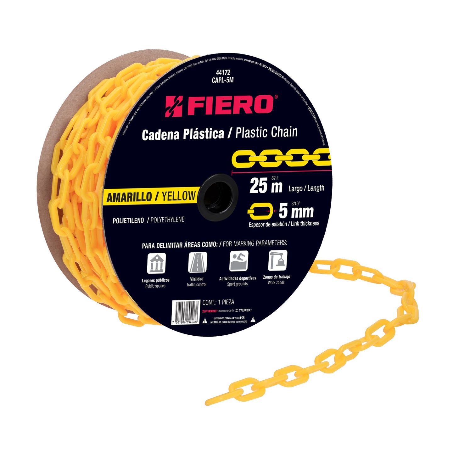 CAPL-5M Metro de cadena de 5 mm de plástico amarilla, carrete de 25m