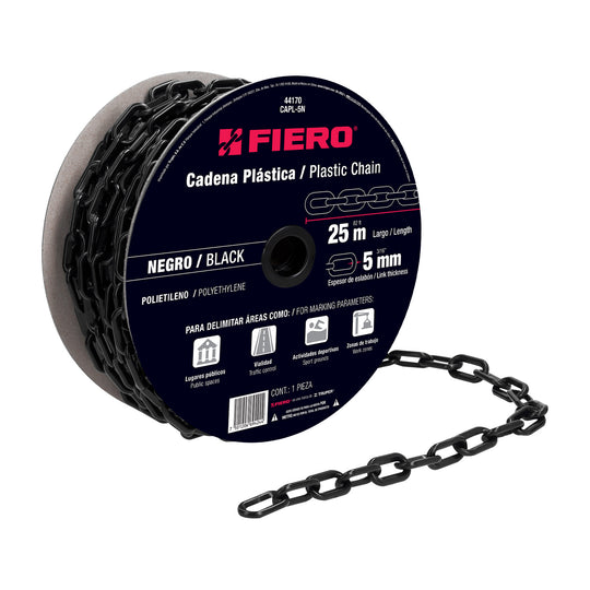 CAPL-5N Metro de cadena de 5 mm de plástico negra, carrete de 25 m