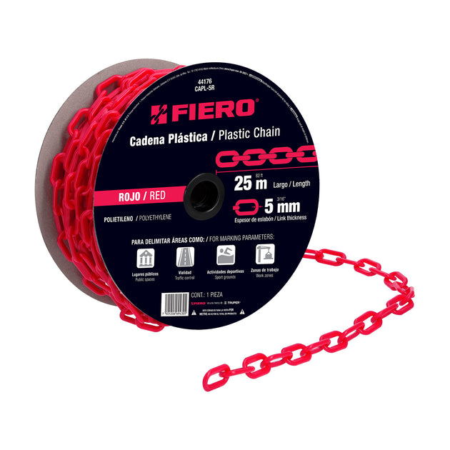 CAPL-5R Metro de cadena de 5 mm de plástico roja, carrete de 25 m