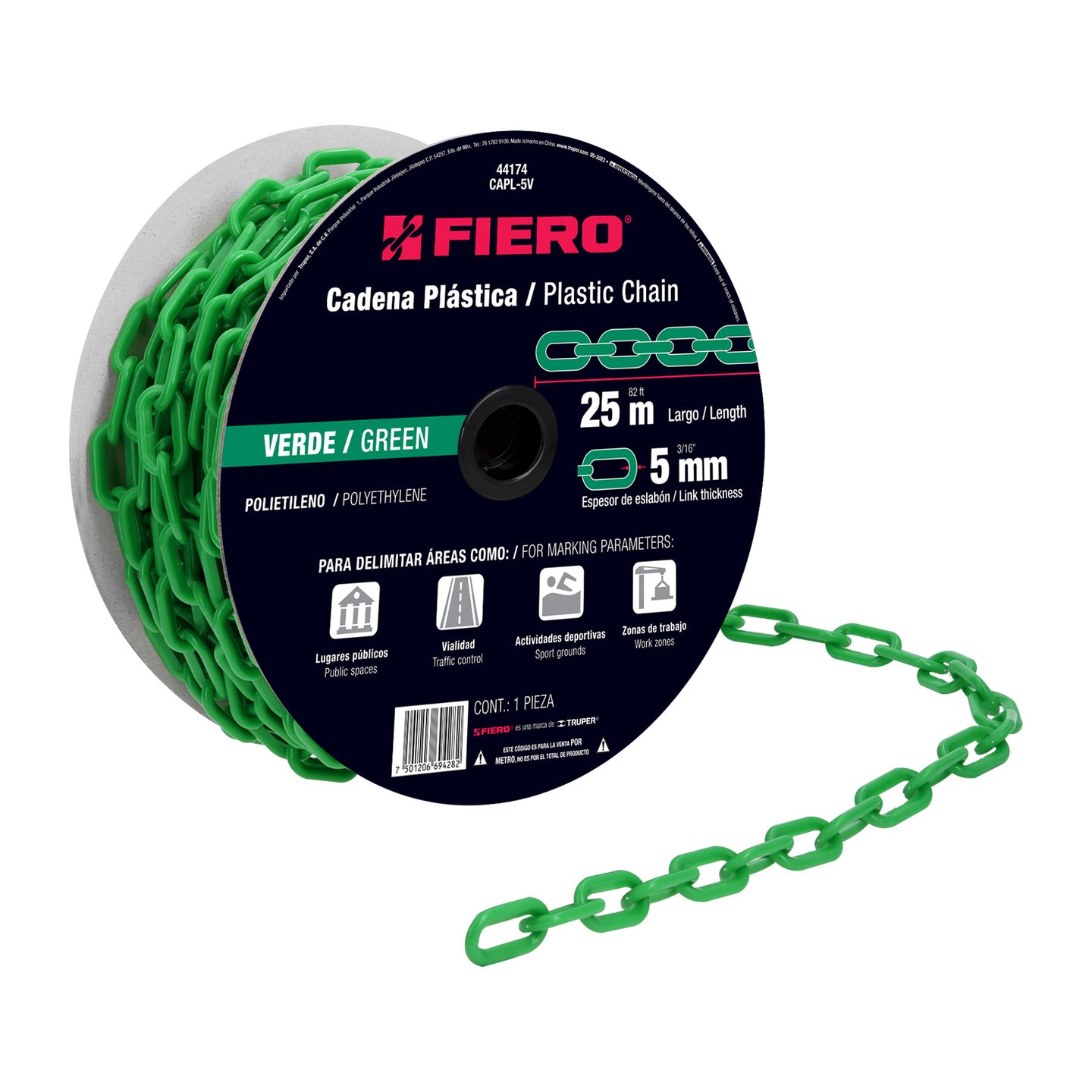 CAPL-5V Metro de cadena de 5 mm de plástico verde, carrete de 25 m
