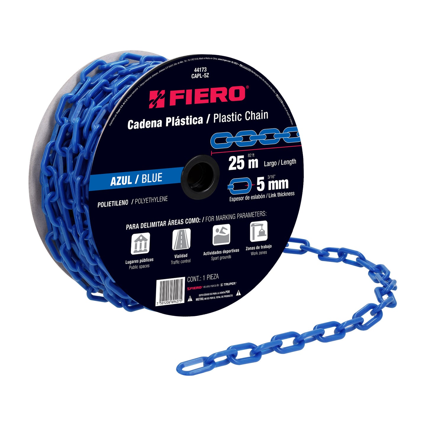 CAPL-5Z Metro de cadena de 5 mm de plástico azul, carrete de 25 m