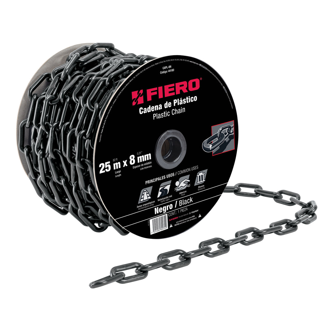 CAPL-8N Metro de cadena de 8 mm de plástico negra, carrete de 25 m