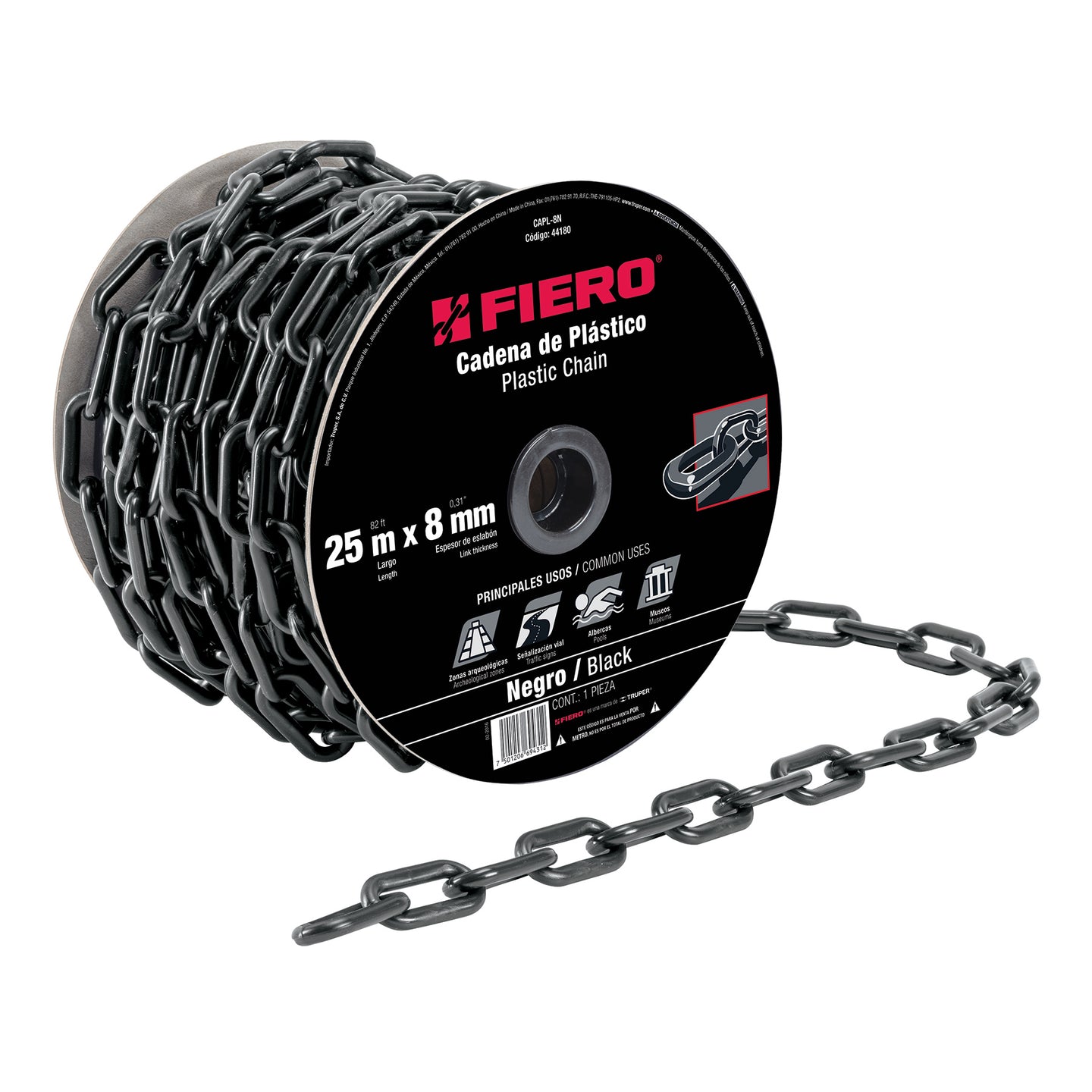 CAPL-8N Metro de cadena de 8 mm de plástico negra, carrete de 25 m