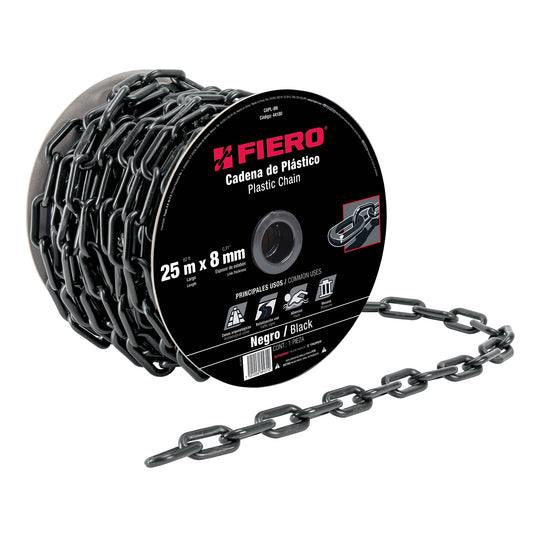 CAPL-8N Metro de cadena de 8 mm de plástico negra, carrete de 25 m