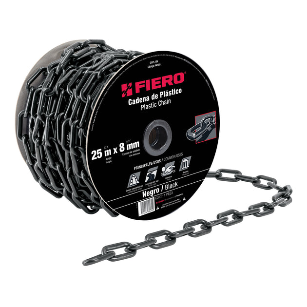 CAPL-8N Metro de cadena de 8 mm de plástico negra, carrete de 25 m