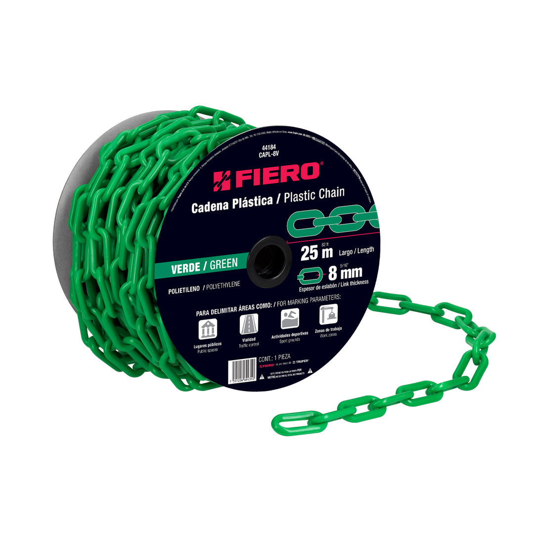 CAPL-8V Metro de cadena de 8 mm de plástico verde, carrete de 25 m