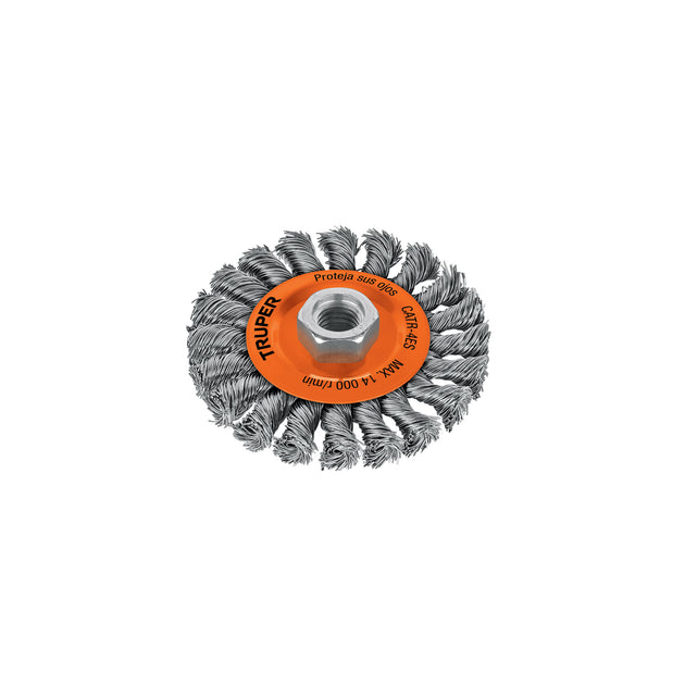 CATR-4ES Carda circular 4" alambre trenzado, eje 5/8"-11, Truper