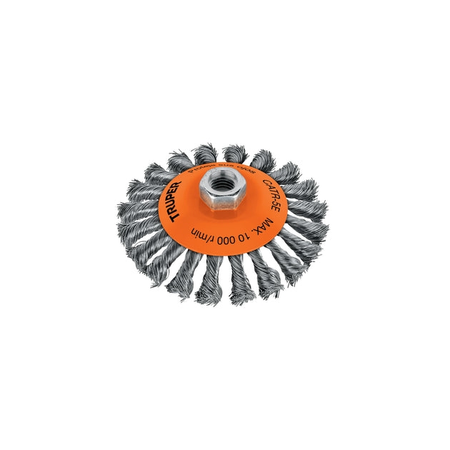 CATR-5E Carda tipo cónico 5" alambre trenzado, eje 5/8"-11, Truper