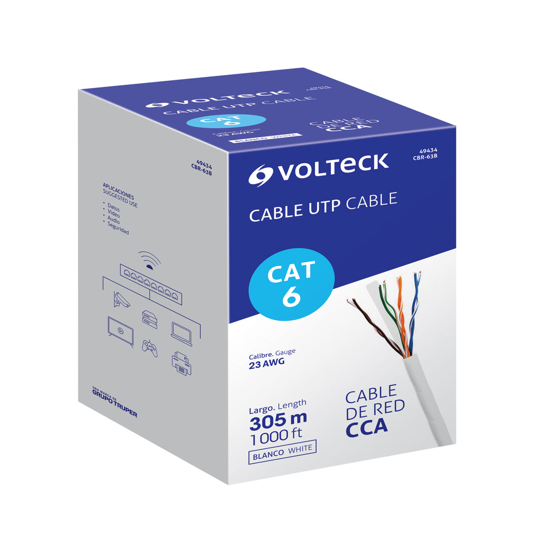 CBR-63B Metro de cable UTP CAT6, Bobina de 305m, blanco, VOLTECK