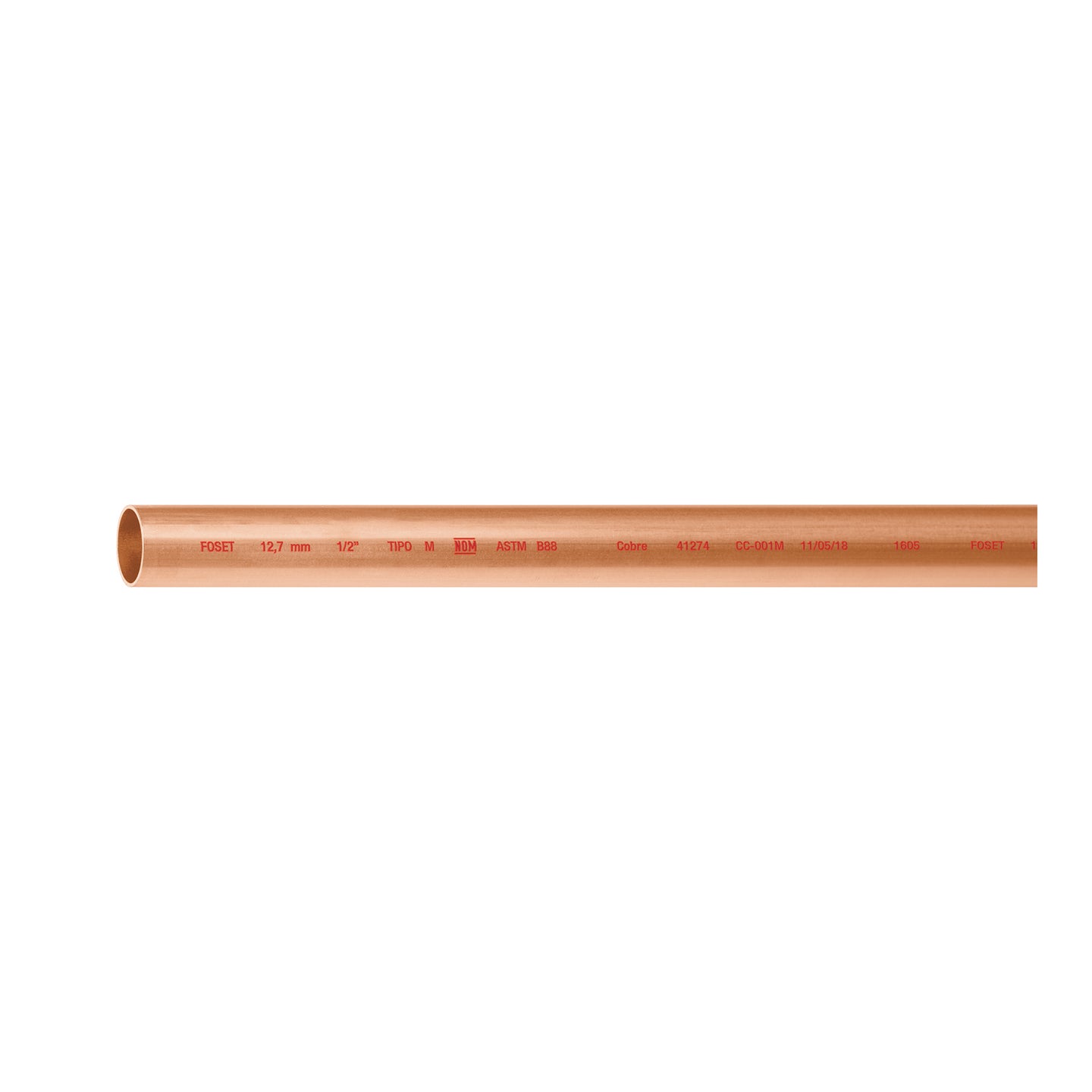 CC-001M Tubo rígido de cobre 1/2" tipo "M", 3m, 0.9kg, FOSET