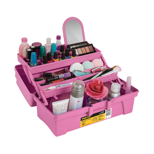CCO-14RP Caja cosmetiquera 14", doble bandeja, rosa, PRETUL