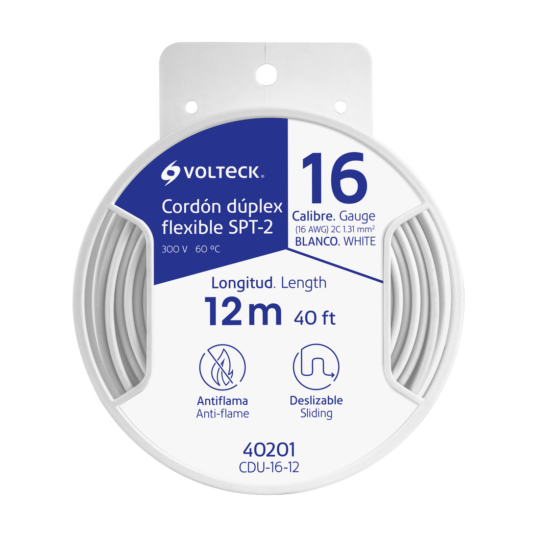 CDU-16-12 Carrete con 12 m cordón dúplex flexible SPT 16 AWG, VOLTECK