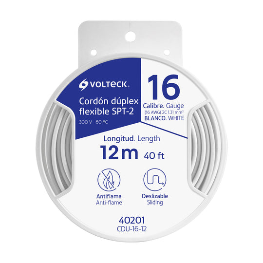 CDU-16-12 Carrete con 12 m cordón dúplex flexible SPT 16 AWG, VOLTECK