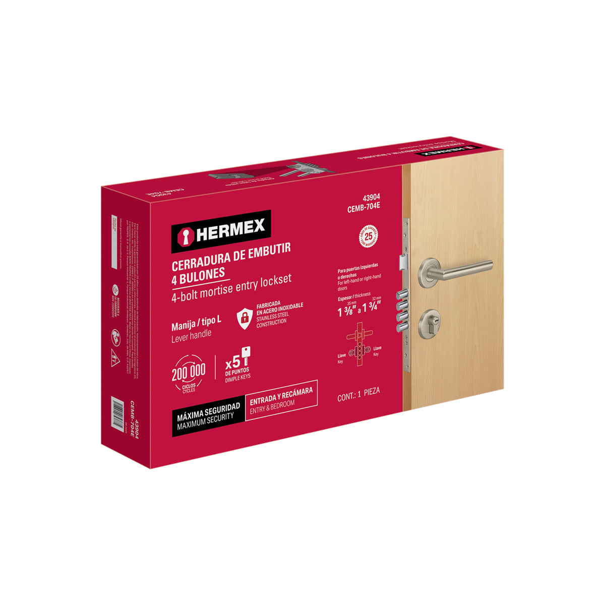 Cerradura Embutir Hermex CEMB-704E 4 Bulones Seguridad 35-45mm