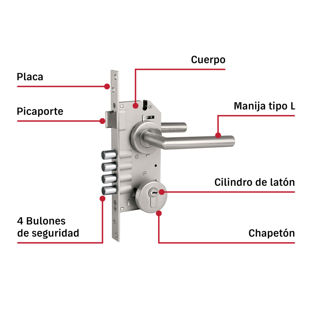 Cerradura Embutir Hermex CEMB-704E 4 Bulones Seguridad 35-45mm