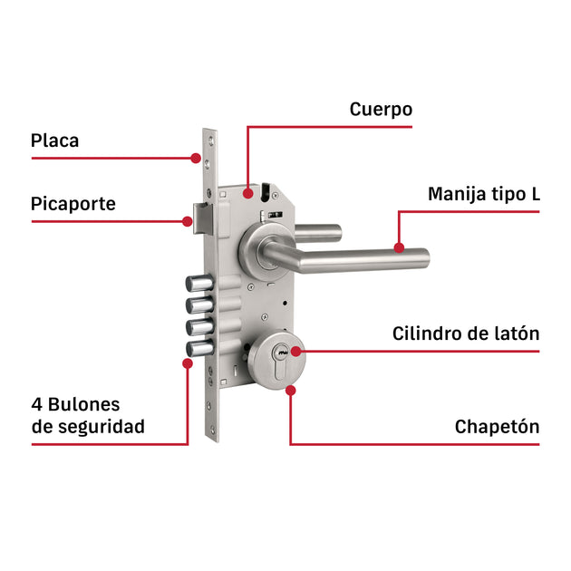 Cerradura Embutir Hermex CEMB-704E 4 Bulones Seguridad 35-45mm