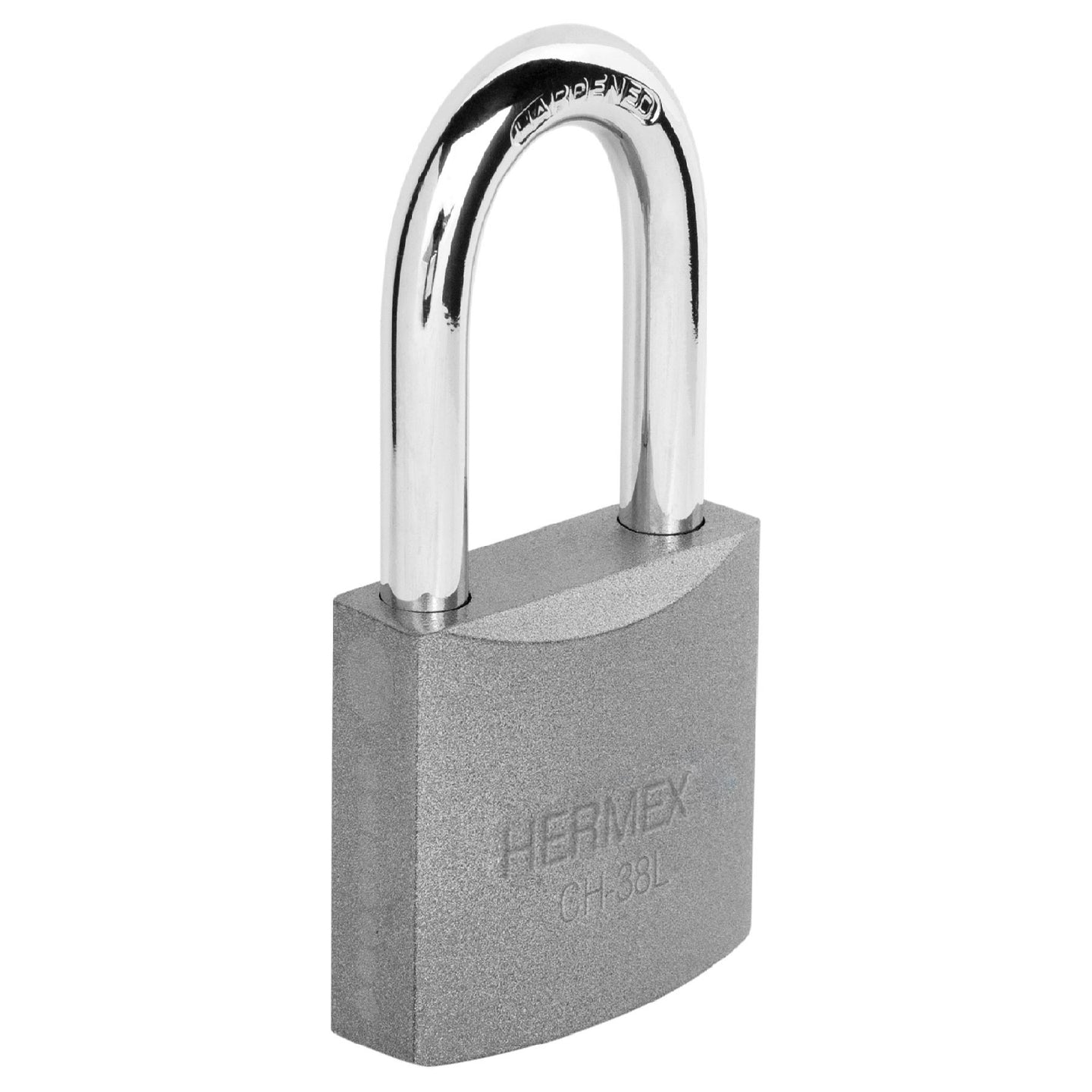 CHB-38L Candado de hierro 38 mm, gancho largo en blíster, HERMEX