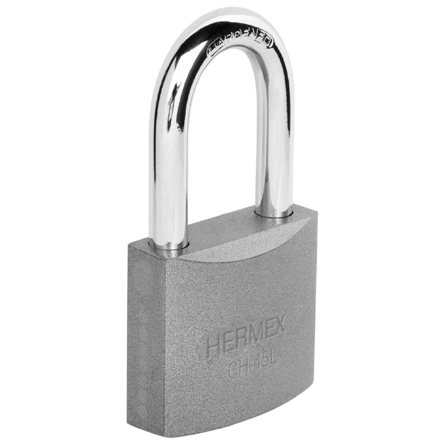 CHB-45L Candado de hierro 45 mm, gancho largo en blíster, HERMEX
