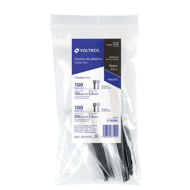 CIN-20 Bolsa con 200 cinchos plásticos negros y naturales, Volteck
