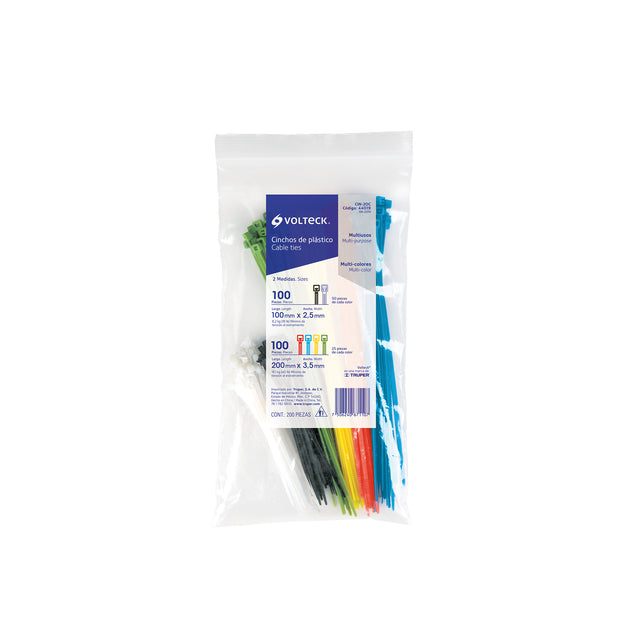CIN-20C Bolsa con 200 cinchos plásticos en colores surtidos, Volteck