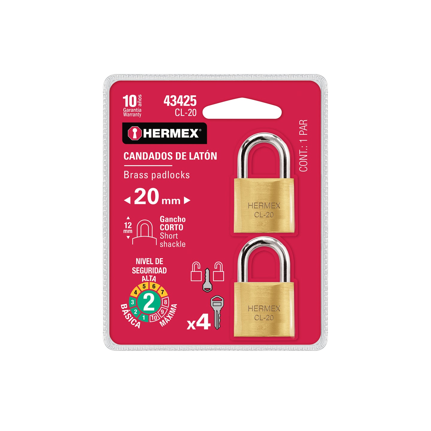 CL-20 Blíster con 2 candados de latón de 20mm con gancho corto