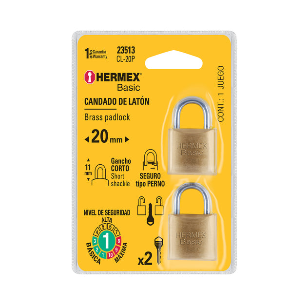 CL-20P Blíster con 2 candados de latón de 20mm, HERMEX BASIC Hermex