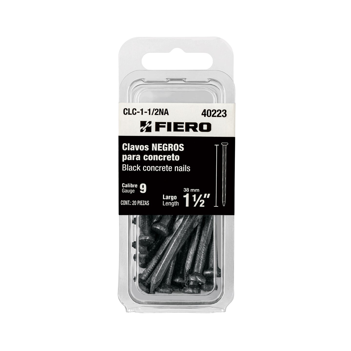 CLC-1-1/2NA Blíster con 20 clavos negros para concreto 1-1/2", FIERO