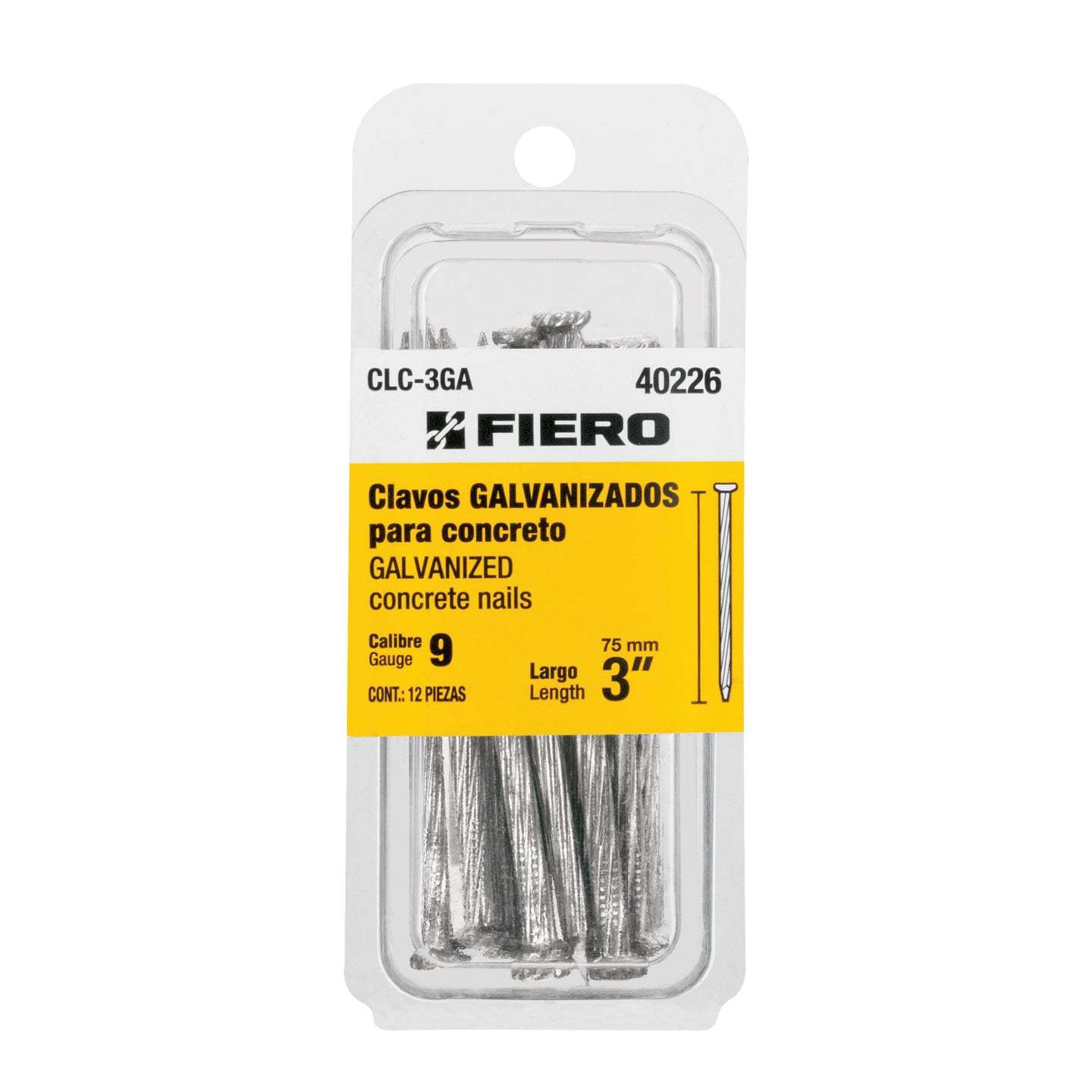 CLC-3GA Blíster con 12 clavos galvanizados para concreto 3", FIERO