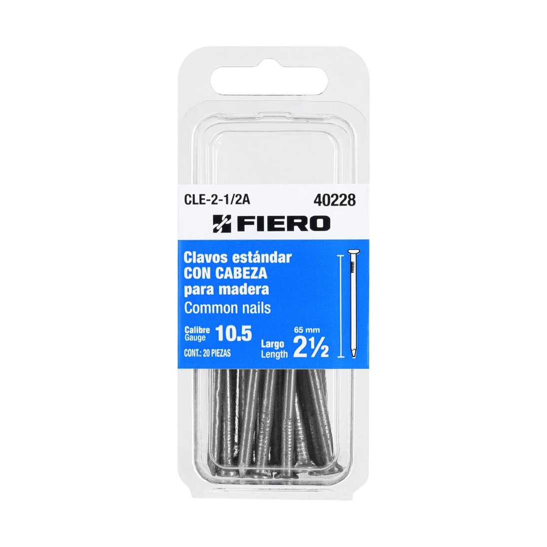 CLE-2-1/2A Blíster con 20 clavos estándar 2-1/2" con cabeza, FIERO