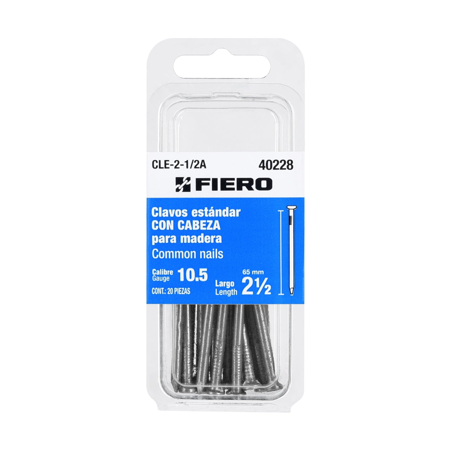CLE-2-1/2A Blíster con 20 clavos estándar 2-1/2" con cabeza, FIERO