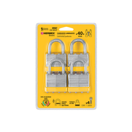 CM-40X4P Juego de 4 candados cuerpo laminado, 40 mm, HERMEX BASIC