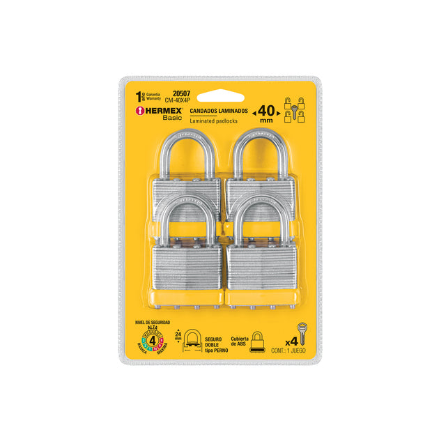 CM-40X4P Juego de 4 candados cuerpo laminado, 40 mm, HERMEX BASIC