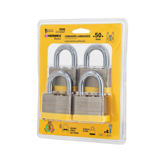CM-50X4P Juego de 4 candados cuerpo laminado, 50 mm, HERMEX BASIC