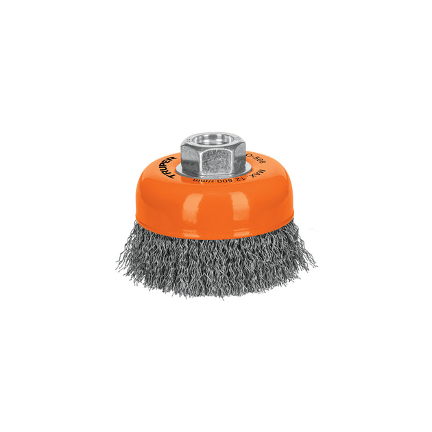 CO-508 Carda copa 3" alambre ondulado fino, eje 5/8"-11, Truper