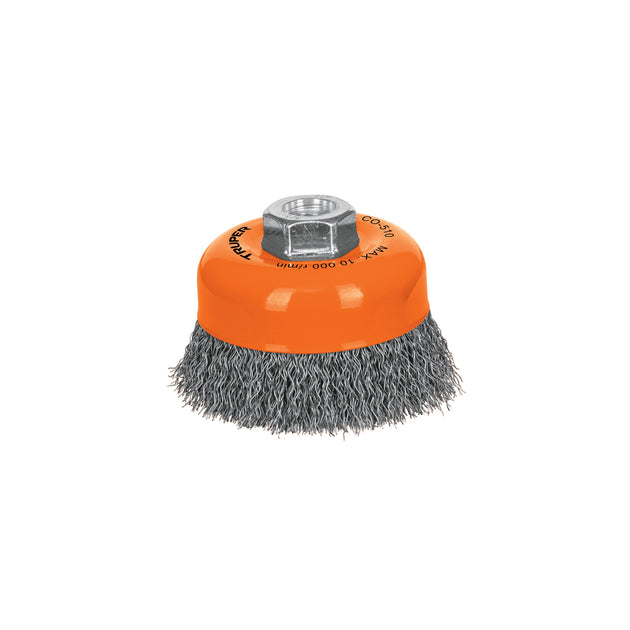 CO-510 Carda copa 4" alambre ondulado fino, eje 5/8"-11, Truper