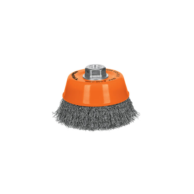 CO-512 Carda copa 5" alambre ondulado fino, eje 5/8"-11, Truper