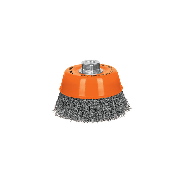 CO-512X Carda copa 5" alambre ondulado grueso, eje 5/8"-11, Truper