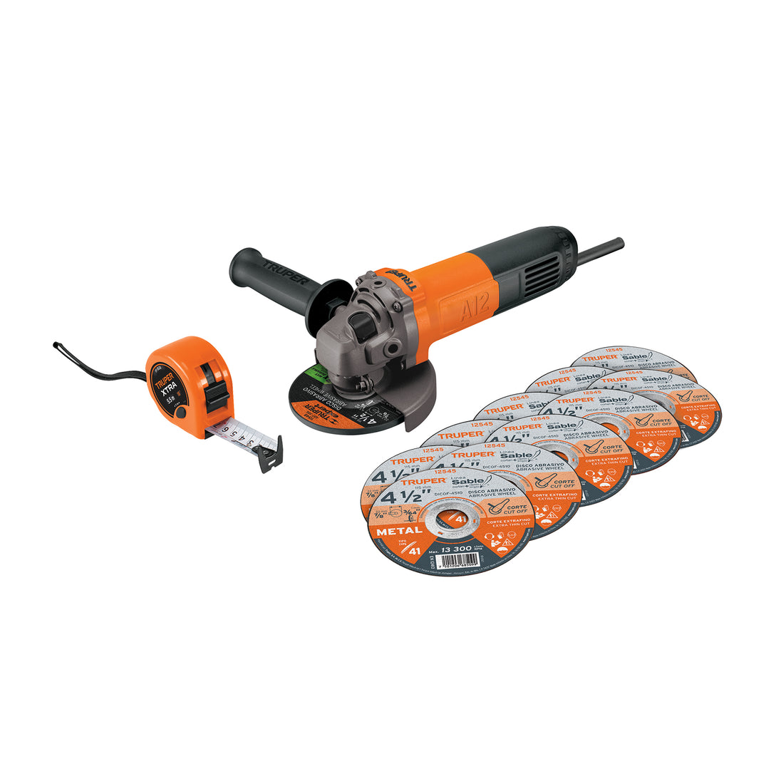 COMBOE-4-1/2A12 Combo esmeriladora 4-1/2", 700W, discos y flexómetro, PRO