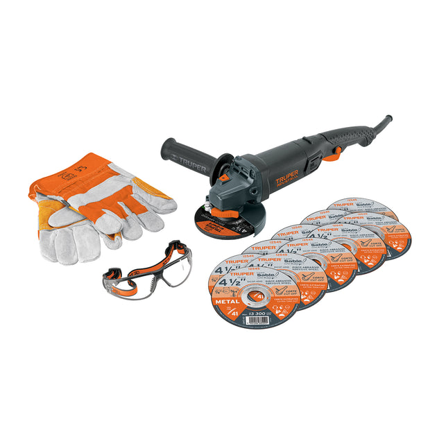 COMBOE-4590N Combo esmeriladora 4-1/2",950W, discos, lentes y guantes,IND